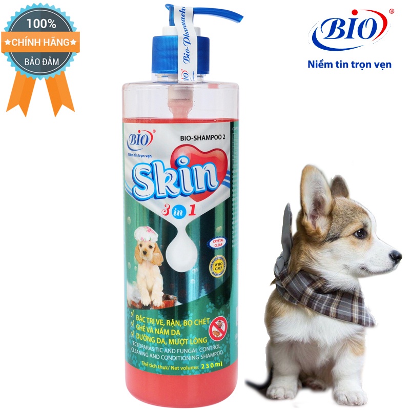 Sữa tắm chó mèo Bio Skin 3 in 1 - Viêm da - Khử mùi - Mượt Lông - 230ml
