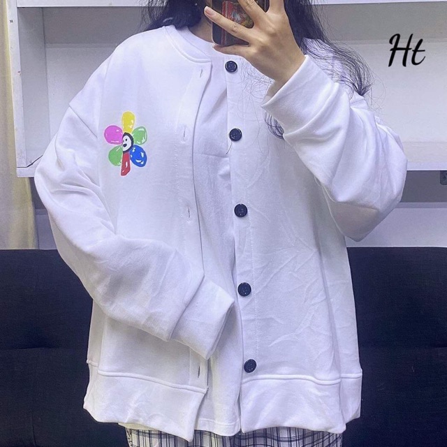 Áo khoác bomber nỉ bông logo hoa mặt cười dáng cadigan