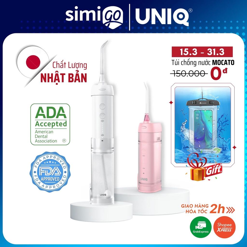 Máy tăm nước mini chính hãng UNIQ Smile F1 Nhật Bản cao cấp bóng trọng lực Gravity H2OFloss Waterpik cầm tay trắng hồng