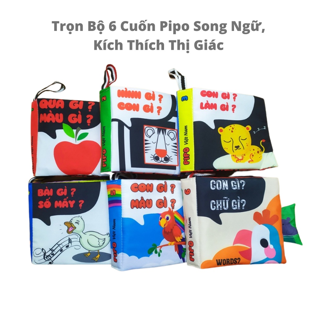 Sách vải cho bé pipo sơ sinh 6 tháng 1 tuổi đến 2 tuổi con gì màu gì song ngữ kích thích thị giác Shop Bố Su