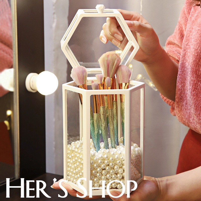 Hộp Đựng Cọ Trang Điểm Để Bàn Trong Suốt Hình Chữ Nhật Lục Giác Viền Đen Trắng - Hộp Bảo Quản Cọ Có Nắp Đậy Chống Bụi