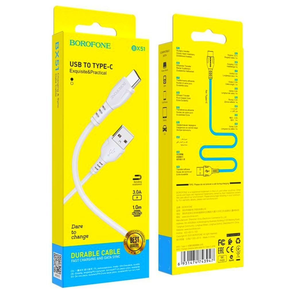 Dây sạc type c, Cáp sạc type c Borofone BX51 sạc nhanh 3A cho điện thoại androi, samsung, oppo, xiaomi..