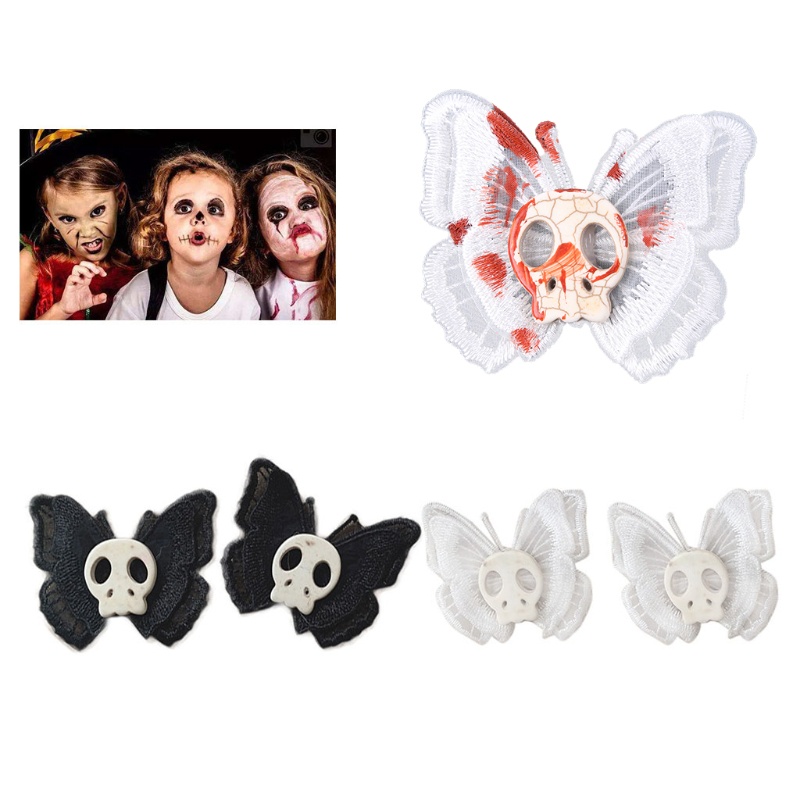 Kẹp tóc mỏ vịt gắn hình bướm đầu lâu kiểu lolita punk Halloween