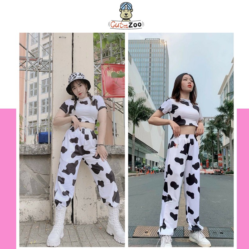 Set bộ quần áo croptop bò sữa và quần jogger thể thao unisex nam nữ mềm mát - CUTEZOO