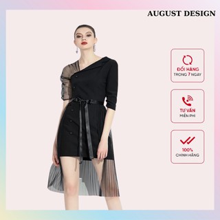 Đầm đen phối ren vai cao cấp , cổ lệch , ren dập ly có thể tháo rời by august design.