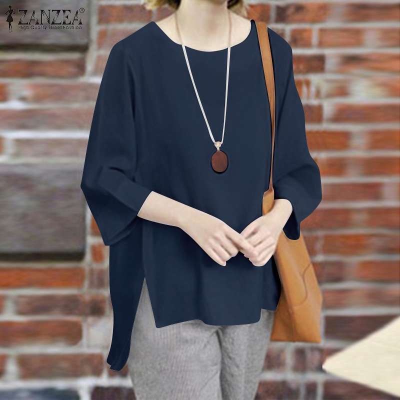 Áo cổ tròn ZANZEA tay 3/4 màu trơn thời trang retro Hàn Quốc cho nữ