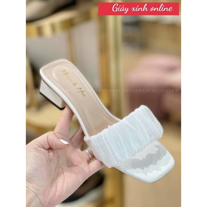 ZZ99- Dép/ guốc cao gót 4 phân gót vuông( nhún meka kết hợp voan)- bèo 4f