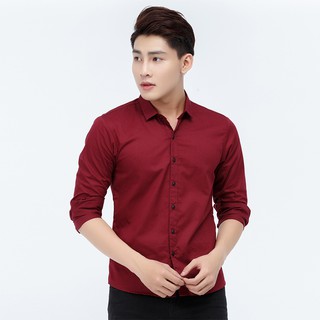 Áo sơ mi nam dài tay vải lụa trơn màu đỏ đô