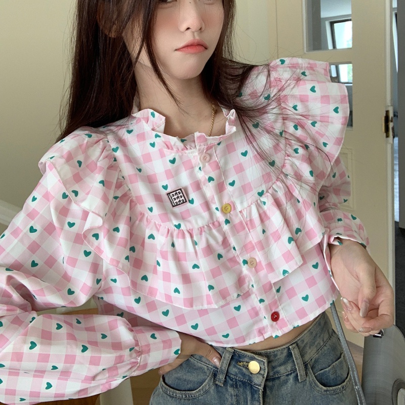 Áo sơ mi SUXI dáng ngắn tay dài in họa tiết vintage ngọt ngào cho nữ