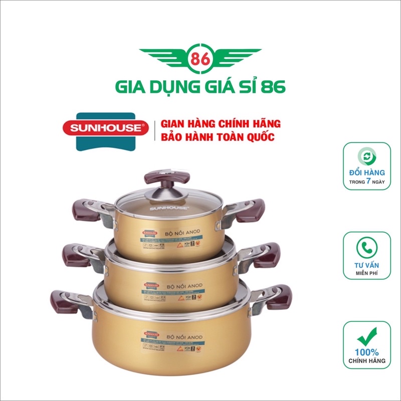 Bộ nồi Anod Sunhouse SH6634 chất liệu nhôm dùng bếp gas bếp hồng ngoại