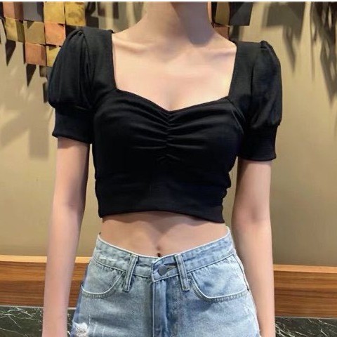 Áo thun kiểu croptop tay phồng nhúm giữa thun gân