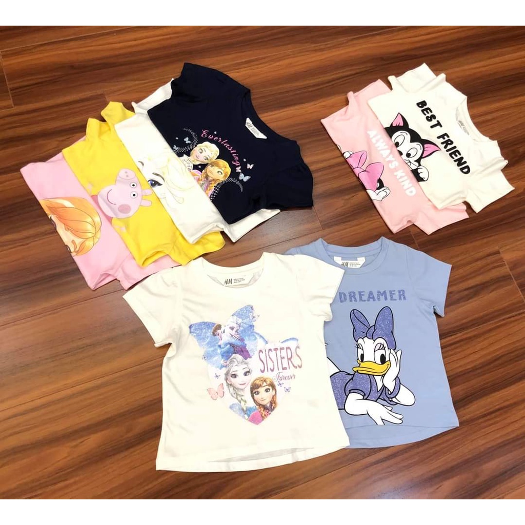 Áo cộc tay hm cho bé gái thun cotton in hình mikey , elsa dễ thương
