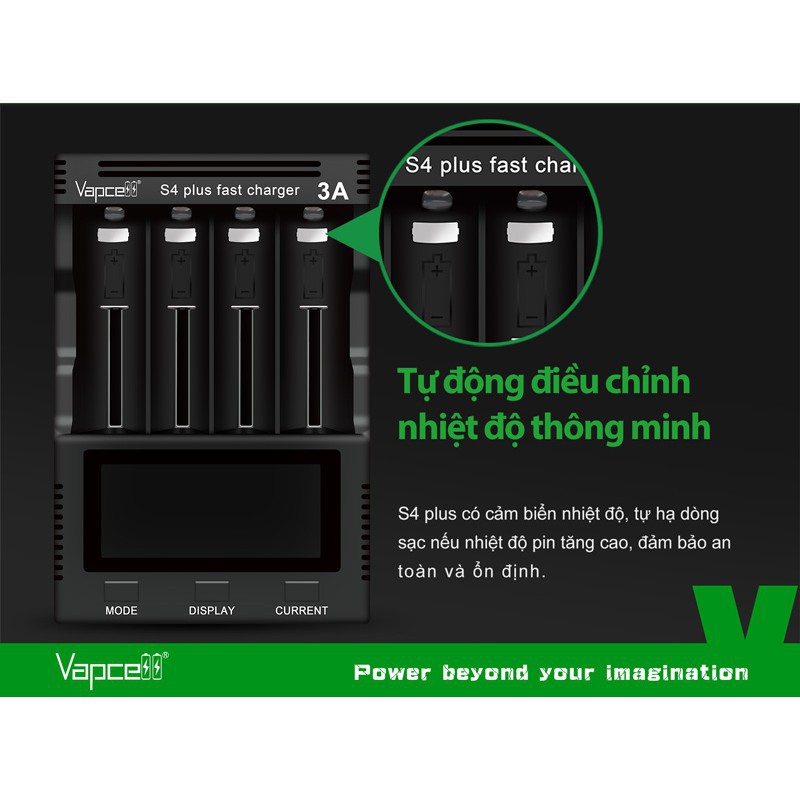 Sạc pin đa năng cao cấp VAPCELL S4 PLUS v2 4 khe cắm dòng sạc lên đến 12A tương thích với nhiều loại pin