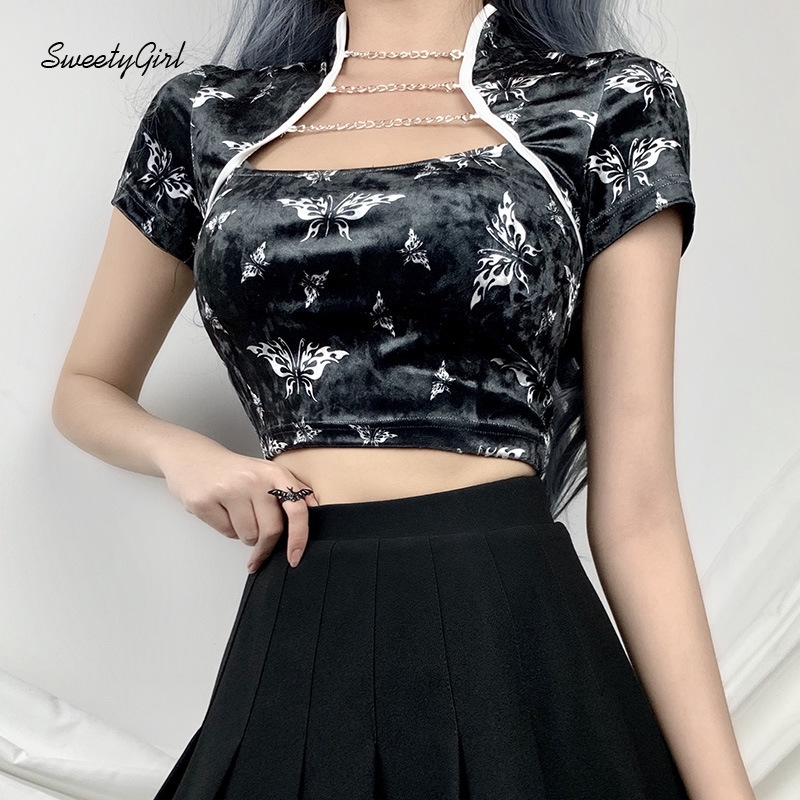 Áo Croptop Nữ Ngắn Tay Cổ Đứng In Hình Bướm Thời Trang | BigBuy360 - bigbuy360.vn