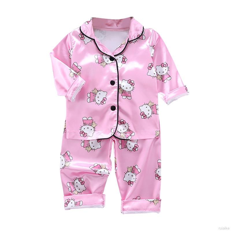 Bộ Đồ Ngủ Pijama Dài Tay In Hình Mèo Dễ Thương Cho Bé Từ 1-6 Tuổi