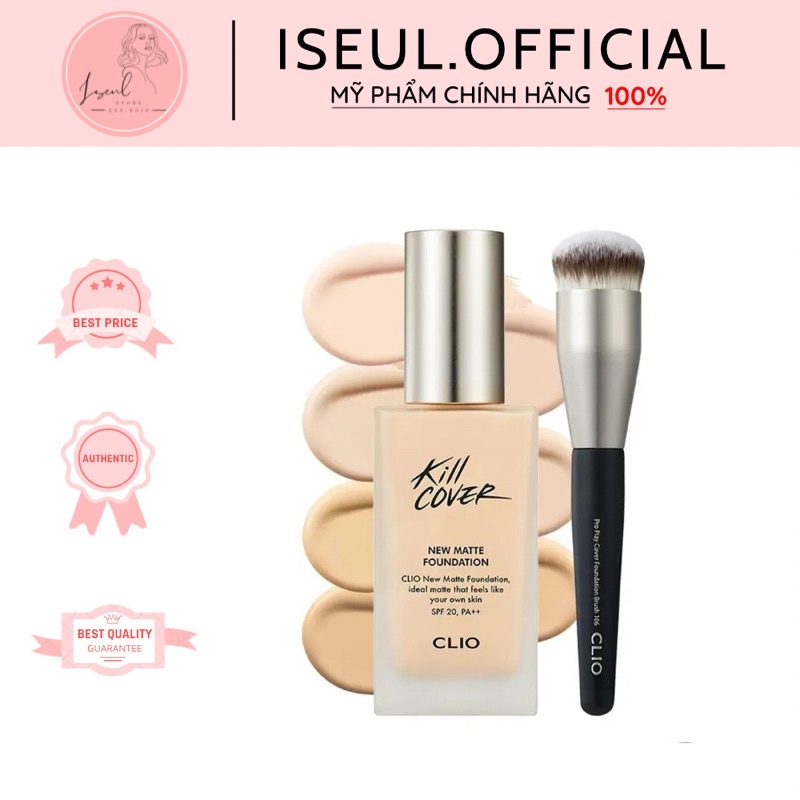 Set Kem Nền Clio Kill Cover Glow/New Matte Foundation 38g 30ml + TẶNG KÈM CỌ TÁN