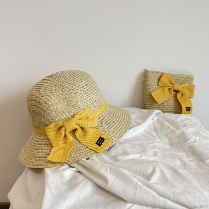 Set Mũ Và Túi Cói Đi Biển Phong Cách Công Chúa Cho Bé Gái
