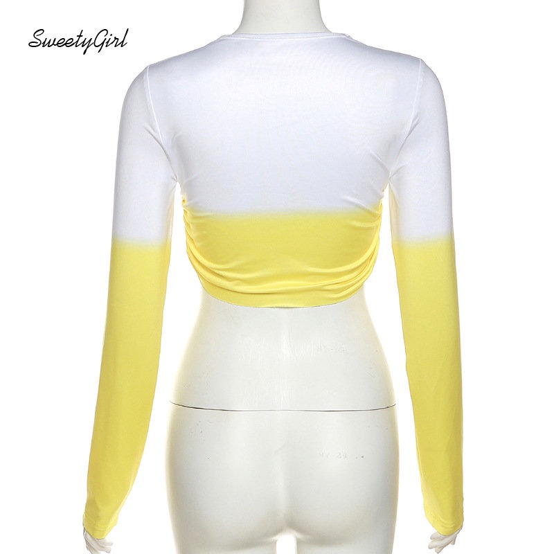 Áo Thun Crop Top Tay Dài Cổ Tròn Màu Vàng Tương Phản Thời Trang 2022 Quyến Rũ Cho Nữ