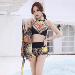 [XẢ KHO+FREE SHIP]  Bộ Đồ Bơi 3 Chi Tiết Họa Tiết Thổ Cẩm - Bộ Bikini Cổ Yếm Quần Đùi Kèm Khăn Choàng