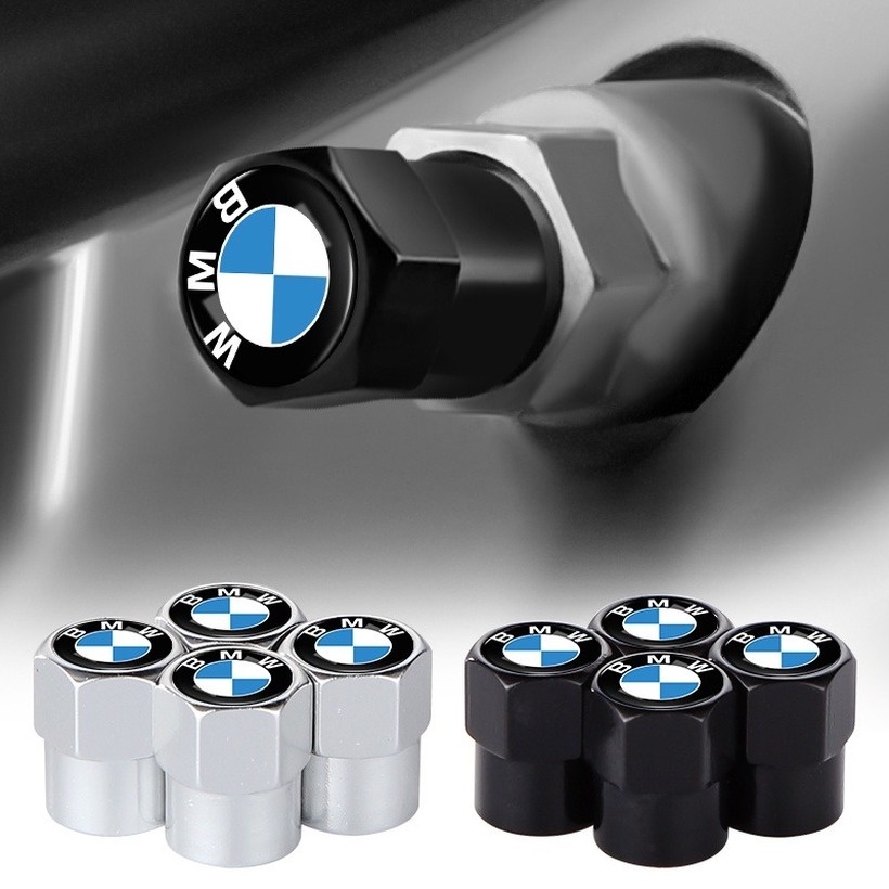 Bộ 4 Nắp Van Bánh Xe Hơi Bmw Bằng Nhôm Màu Đen / Bạc Hình Lục Giác Chất Lượng Cao