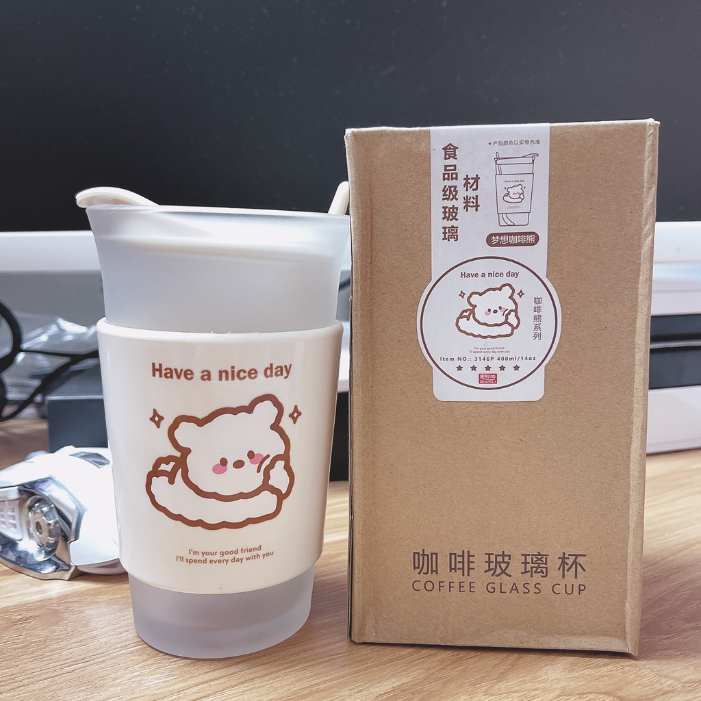 [🥤Có sẵn 🥤] Cốc thủy tinh ly thuỷ tinh có nắp dùng uống trà cà phê cao cấp - tặng kèm thìa mẫu siêu đẹp