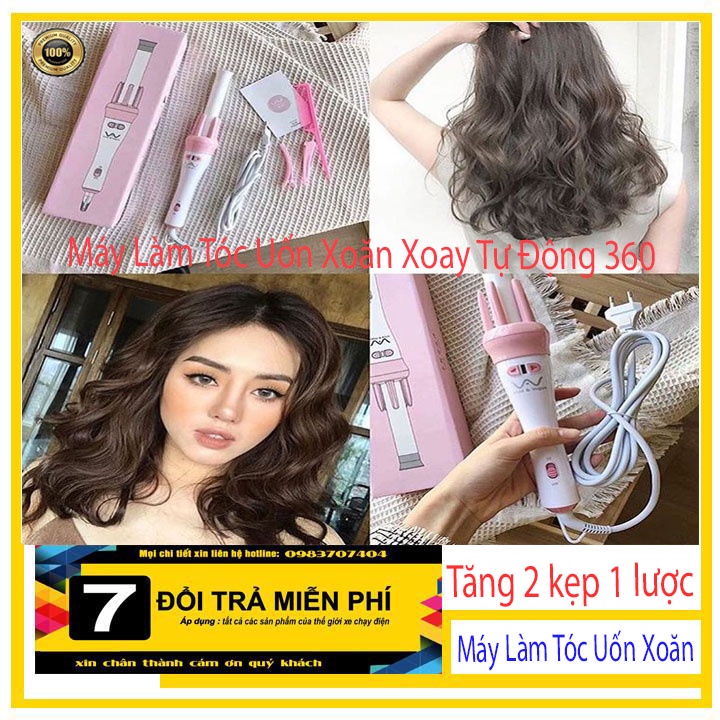 Máy uốn tóc Fullbox chính hãng lược điện làm xoăn xoay tự động ViVo 3 in 1 - Máy uốn tóc xoăn Vivo xoay tự động 360 độ