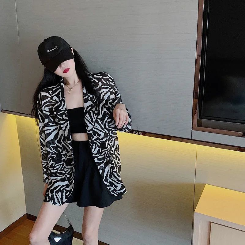 Áo khoác vest vải chiffon dáng dài họa tiết ngựa vằn thời trang phong cách mùa hè Hàn Quốc cho nữ