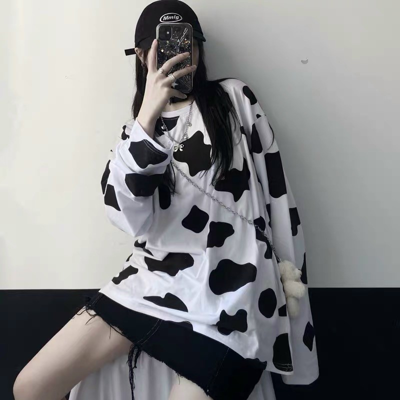 Áo Thun Tay Lỡ Form Rộng Họa Tiết Bò Sữa Hot Hit