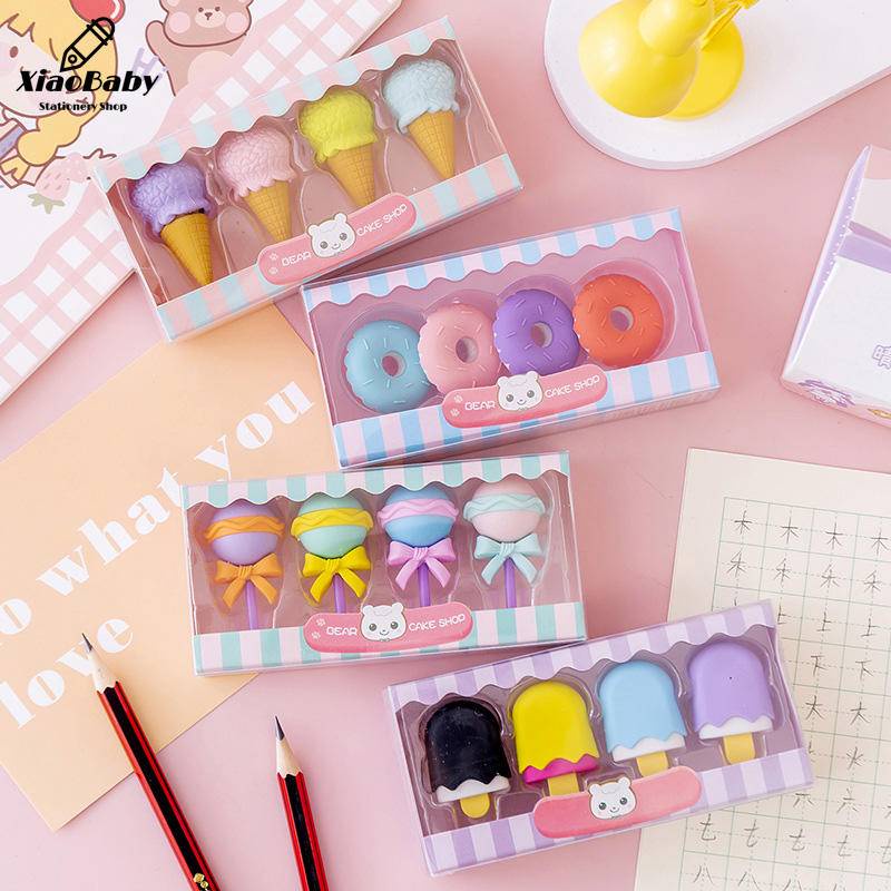 Set 4 Gôm Tẩy Hình Que Kem/Bánh Donut/Kẹo Mút Mini Dễ Thương Cho Bé