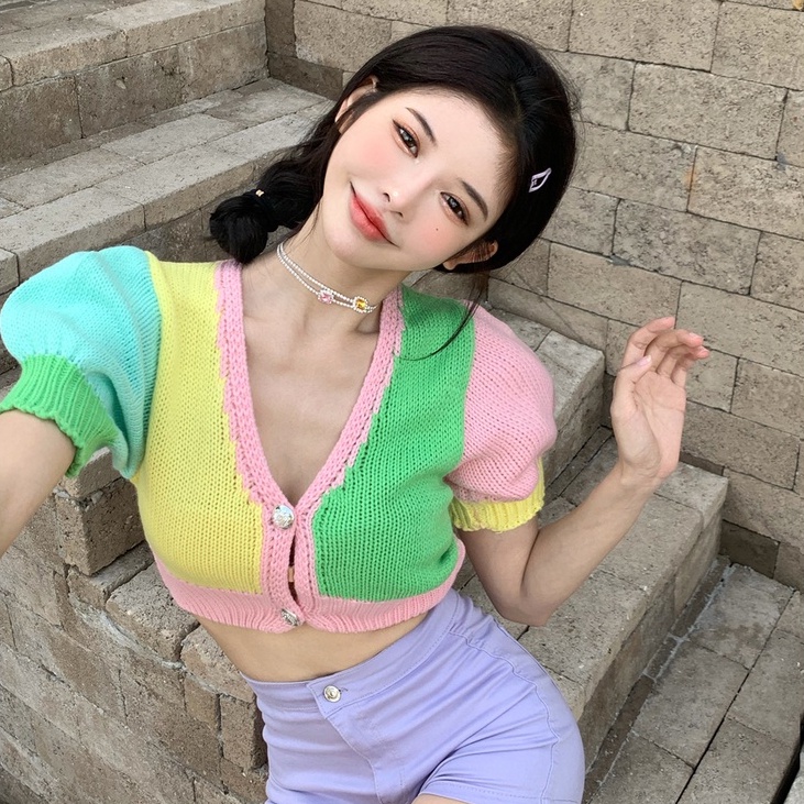 Cocory vn Áo croptop dệt kim tay ngắn cổ chữ v thời trang hàn quốc cho nữ