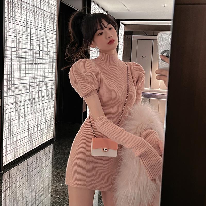 Đầm Dệt Kim Tay Phồng Màu Trắng Thời Trang Mùa Đông Cho Nữ