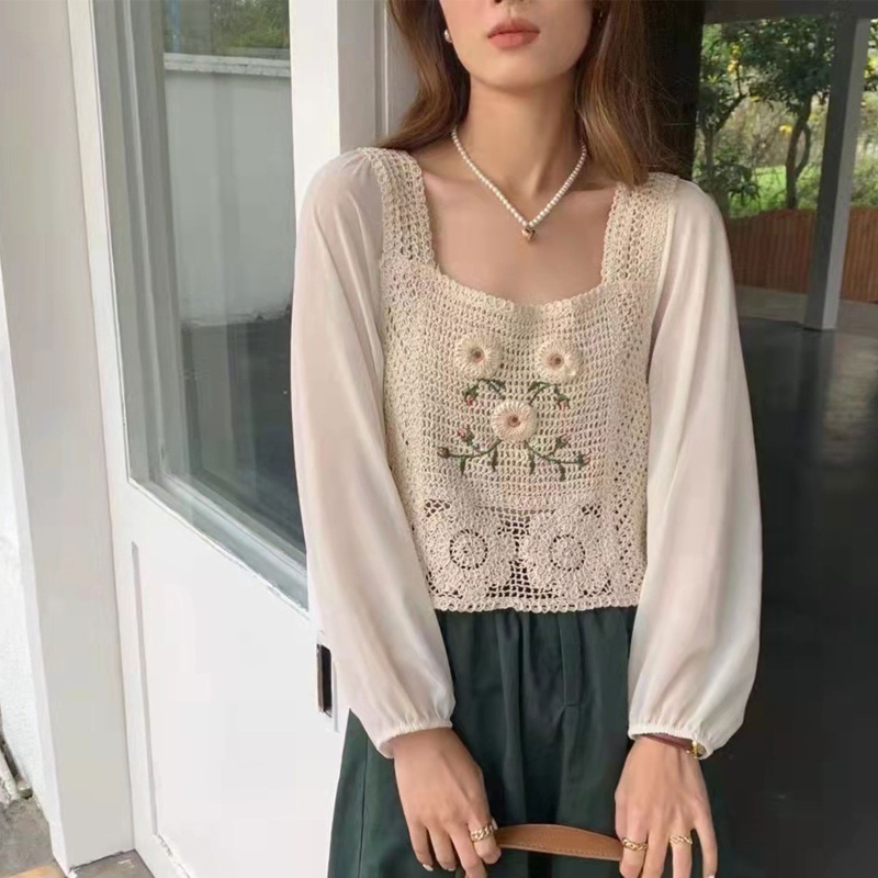 Brroa Áo Croptop Dệt Kim Chiffon Tay Dài Phồng Cổ Vuông Thêu Hoa Rỗng Kiểu Retro Cho Nữ
