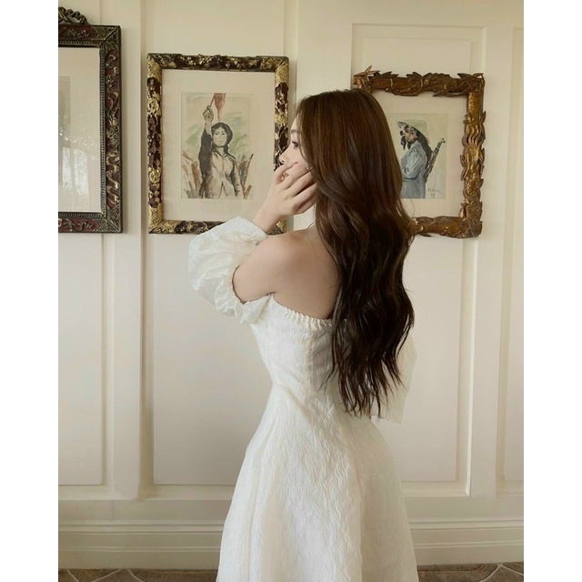 Đầm gấm cúp ngực tay bồng