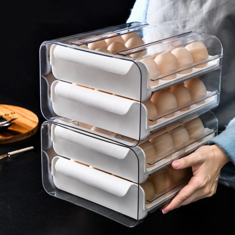 Hộp Đựng Trứng Tủ Lạnh 2 Tầng Sức Chứa 32 Ô, Có Ngăn Kéo Tiện Lợi, Dễ Dàng Xếp Chồng Tiết Kiệm Diện Tích Tủ Lạnh