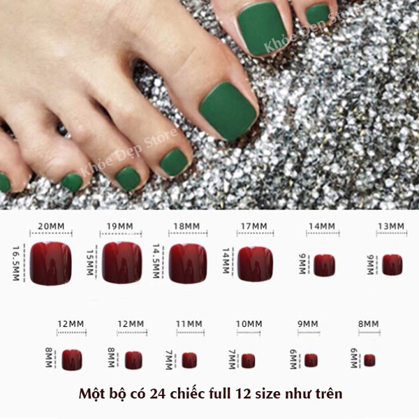 Móng chân giả Kèm keo dán thiết kế nhám sần bóng Bộ 24 chiếc đủ size 123