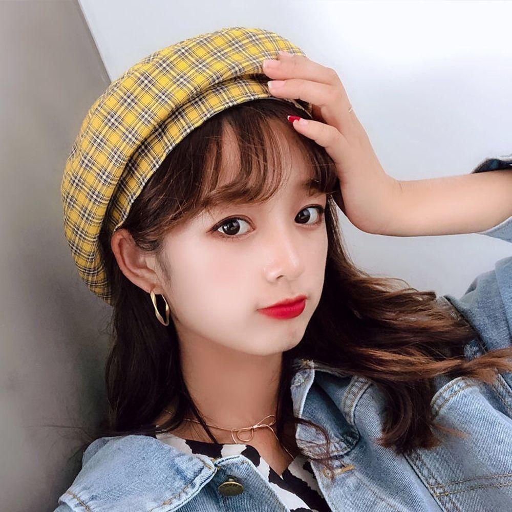 Mũ Beret Cotton Thoáng Khí Kẻ Sọc Caro Thanh Lịch Thời Trang Thu Đông Cho Nữ