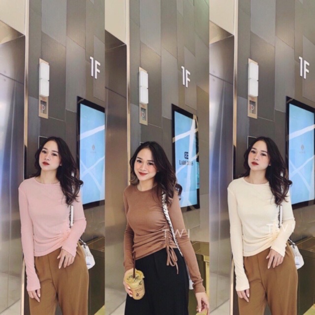 Áo thun dài tay dây rút suôn vải zip cotton | BigBuy360 - bigbuy360.vn