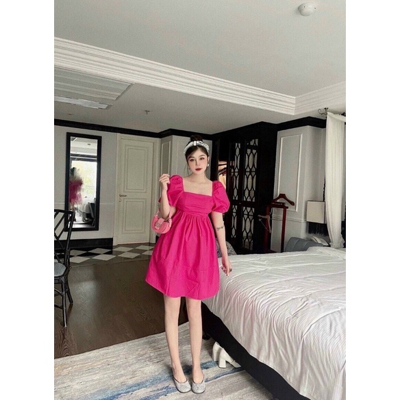 Đầm váy nữ baby doll hai màu cổ vuông cột nơ sau tay bí siêu hot Ng alohashop91