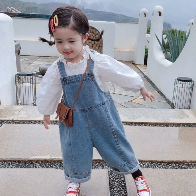 MNGRL Quần Yếm Jean Ống Rộng Thun Dài Mềm Mát Thoải Mái Cho Bé Gái