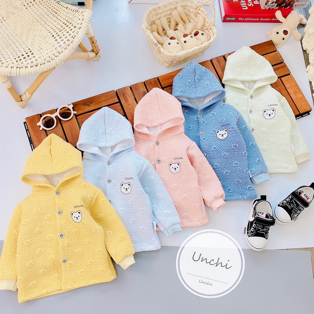 Áo khoác bé trai, Áo khoác bé gái nỉ xốp trần bông unchi có mũ 5-12kg