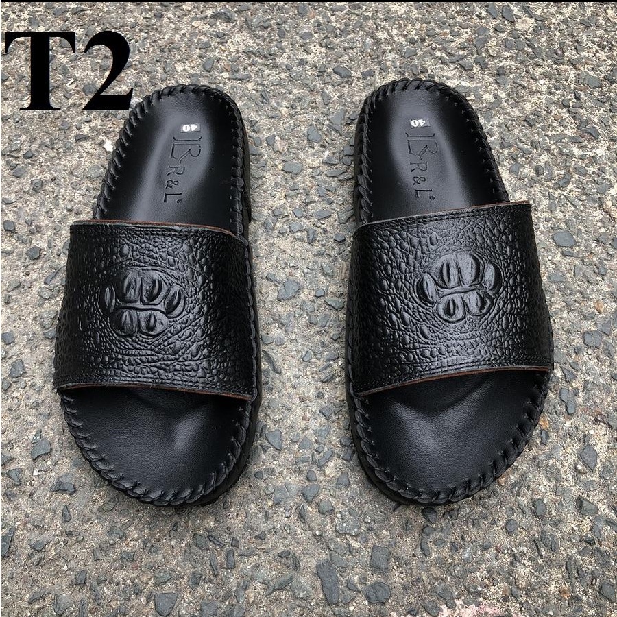 Dép Nam quai ngang trơn da bò in vân gù cá sấu nhỏ , K4