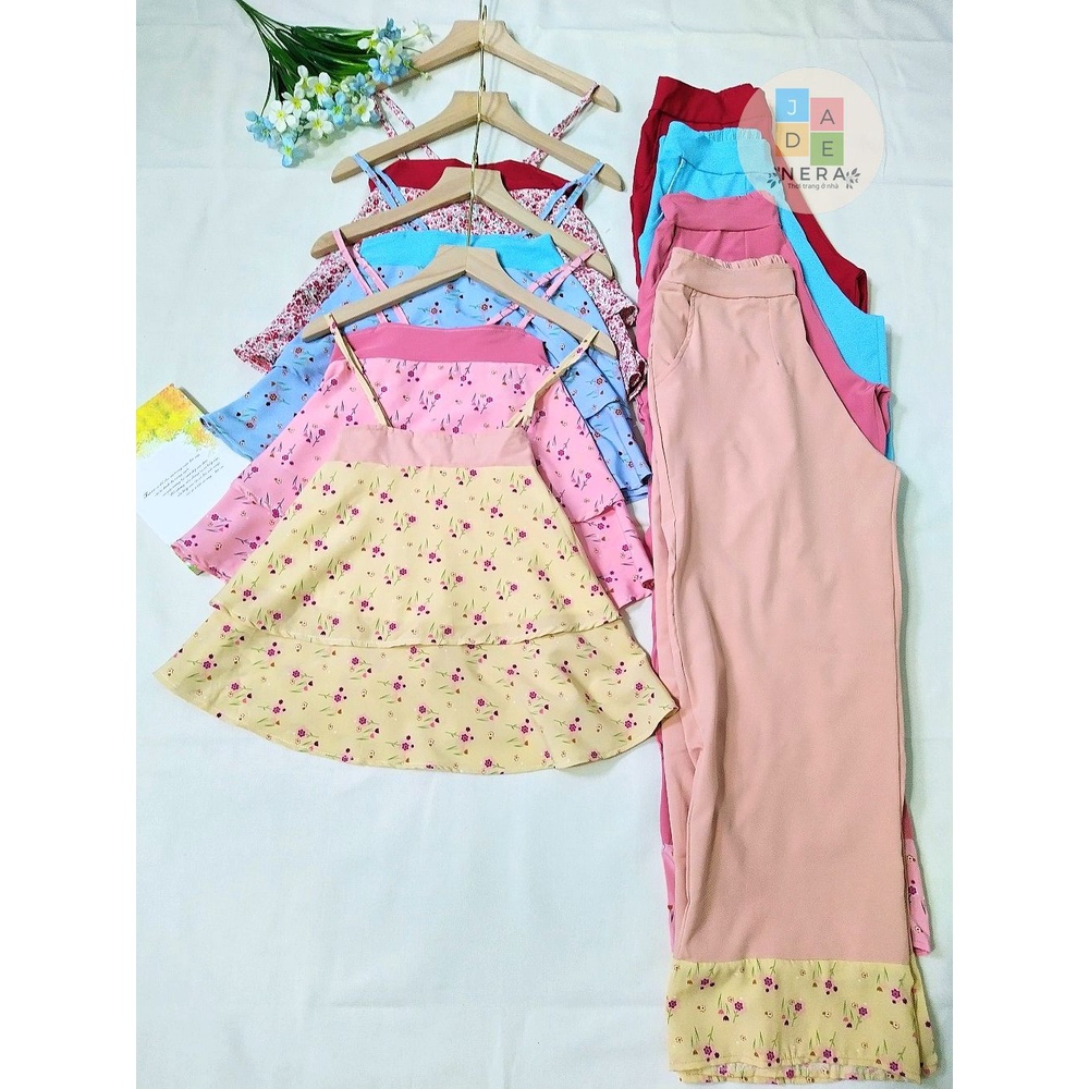 Bộ 2 dây quần dài, lụa 100D, hoa nhí, dễ thương- Freesize (40-58kg)