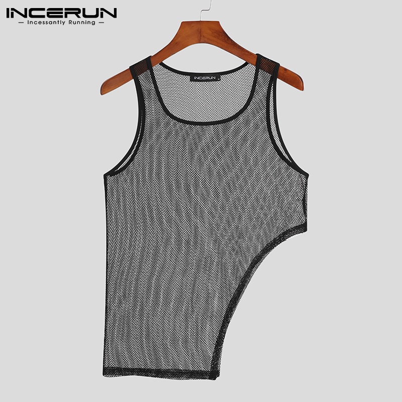 Áo tank top INCERUN cổ tròn không tay lưới xuyên thấu bất đối xứng cho nam