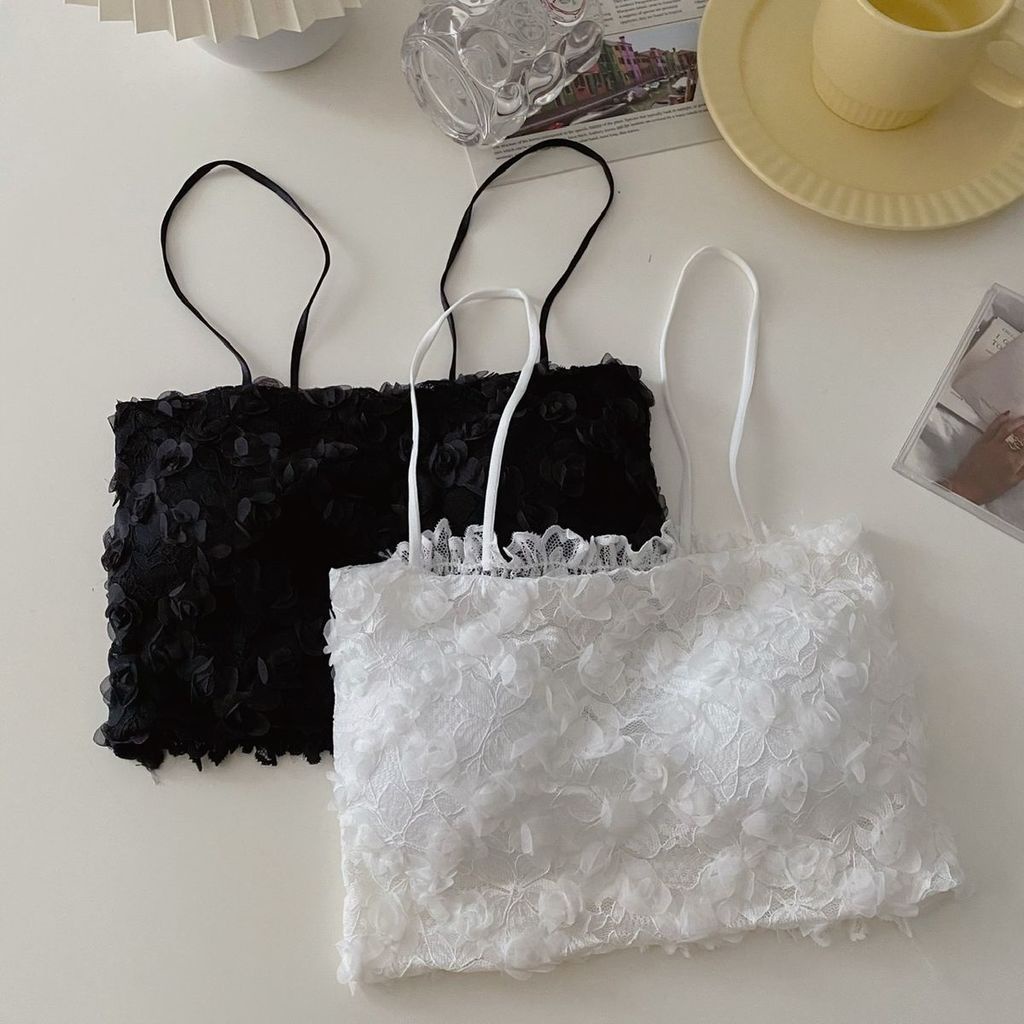 Áo Lửng Hai Dây Phối Ren Màu Trơn Đen Trắng Gợi Cảm Thời Trang Mùa Hè Cho Nữ