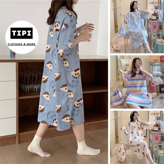 Váy ngủ cộc tay đầm ngủ dáng suông chất cotton mềm mát họa tiết hoạt hình dễ thương