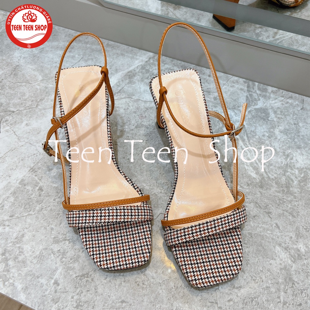 Giày sandal nữ quai chéo đế trụ 5 phân, Guốc phối kẻ caro, Teen Teen Shop mã SandalLV
