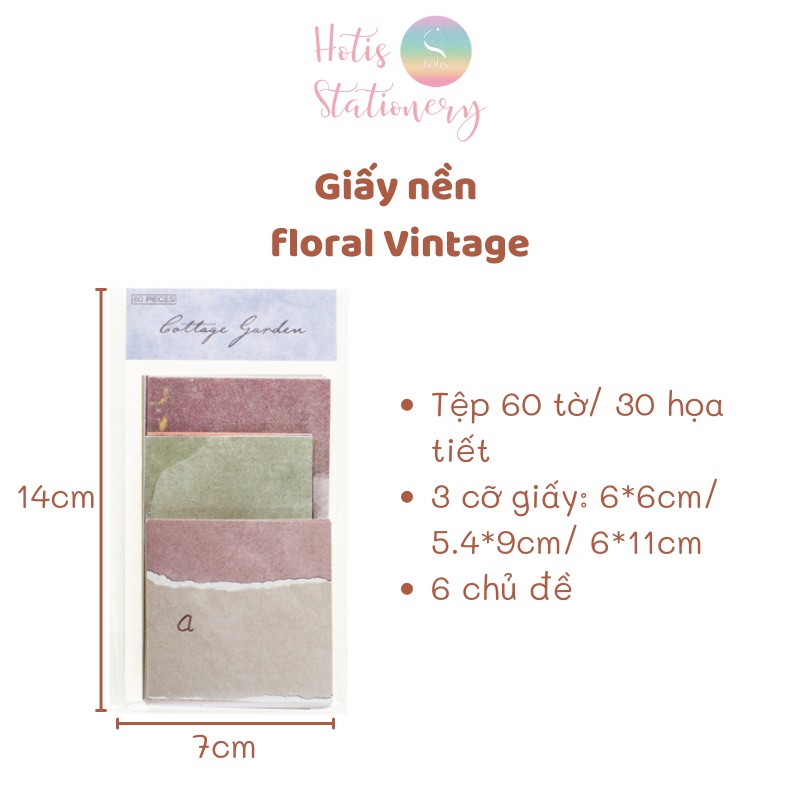 [HOTIS] Set giấy nền vintage, giấy note floral hoa nhí/ màu trơn/ bưu thiếp - 60 tờ