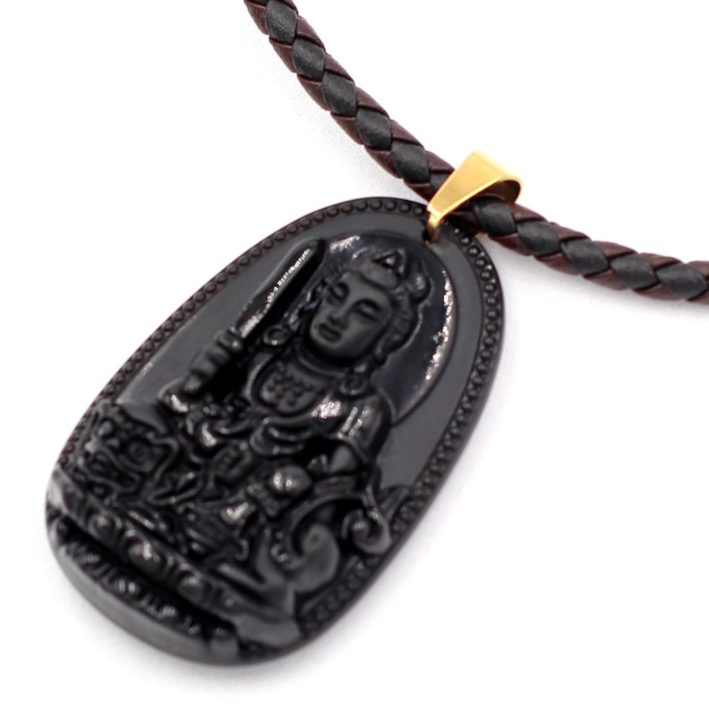 Vòng cổ dây da Phật Văn Thù Bồ Tát - Hộ mệnh tuổi Mão - Đá đen 5 cm DDNEBVTAEN3