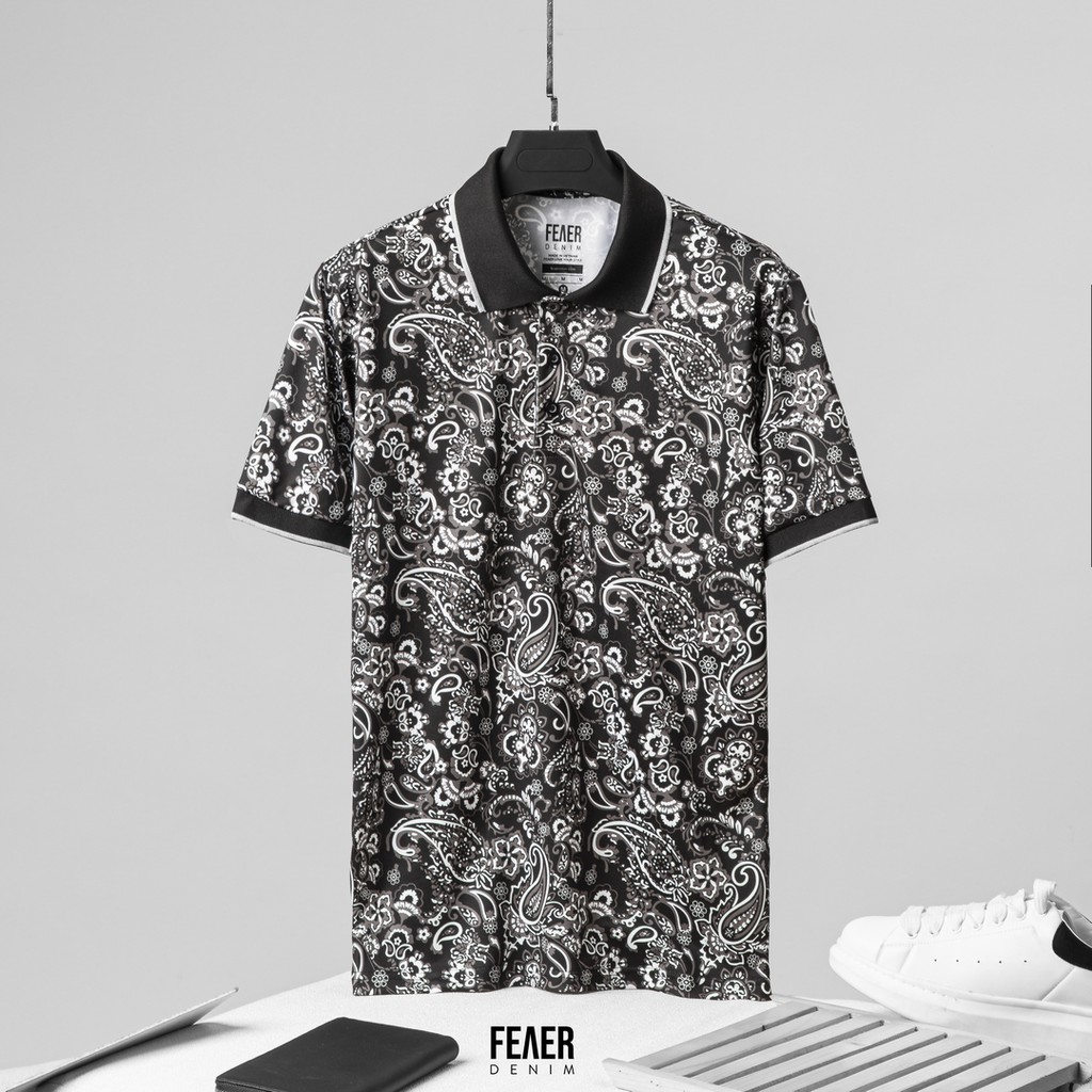 Áo thun nam Polo cổ bẻ họa tiết phối Black Paisley chất Poly thoáng mát, co dãn - FEAER DENIM