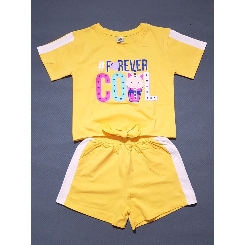 Bộ thun cotton bé gái dễ thương in mèo mát lạnh áo cột dây